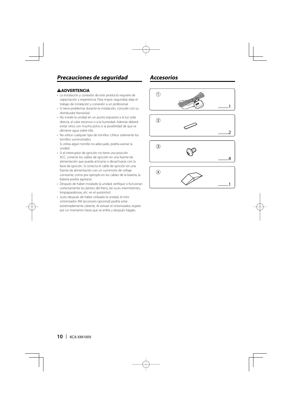 Precauciones de seguridad accesorios | Kenwood KCA-XM100V User Manual | Page 10 / 16