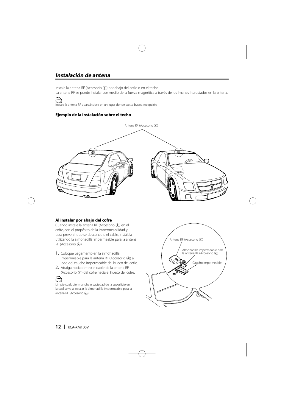 Instalación de antena | Kenwood KCA-XM100V User Manual | Page 12 / 16