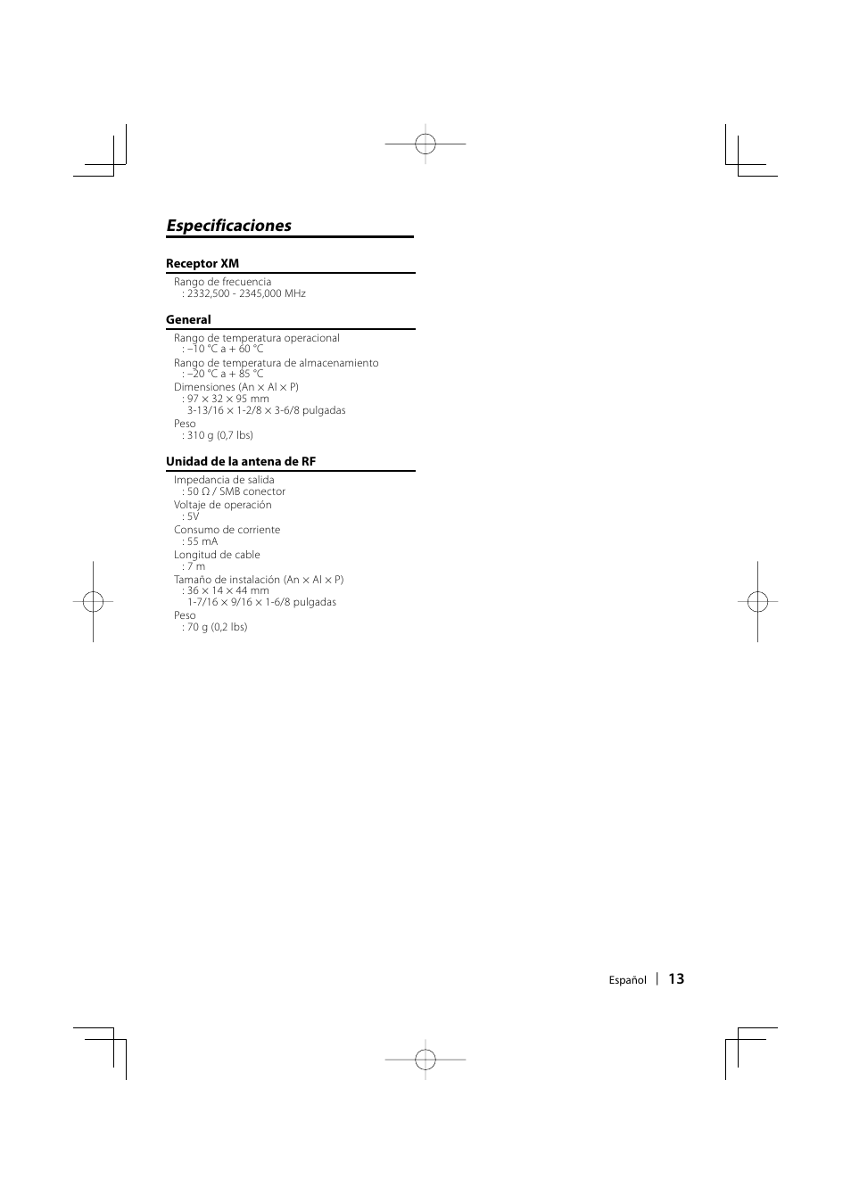 Especificaciones | Kenwood KCA-XM100V User Manual | Page 13 / 16