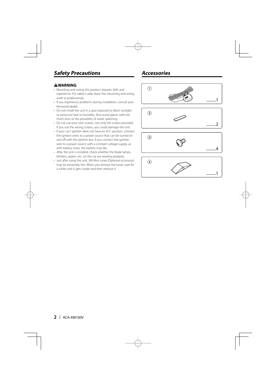 Safety precautions accessories | Kenwood KCA-XM100V User Manual | Page 2 / 16