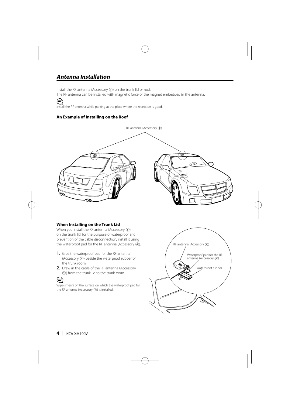 Antenna installation | Kenwood KCA-XM100V User Manual | Page 4 / 16