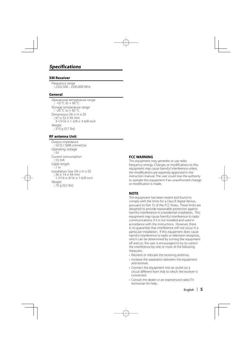 Specifications | Kenwood KCA-XM100V User Manual | Page 5 / 16