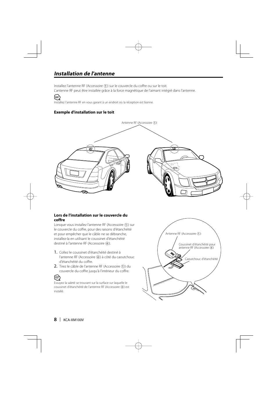 Installation de l'antenne | Kenwood KCA-XM100V User Manual | Page 8 / 16