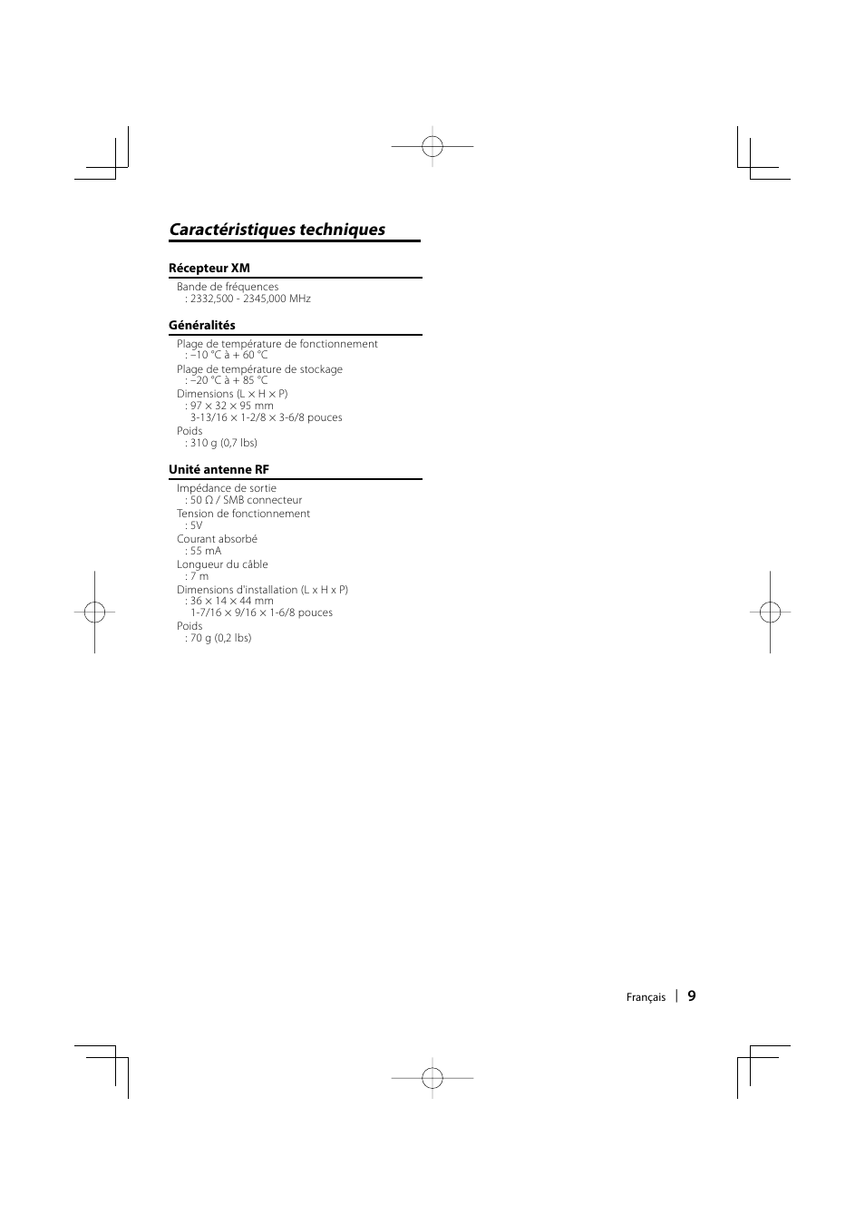 Caractéristiques techniques | Kenwood KCA-XM100V User Manual | Page 9 / 16