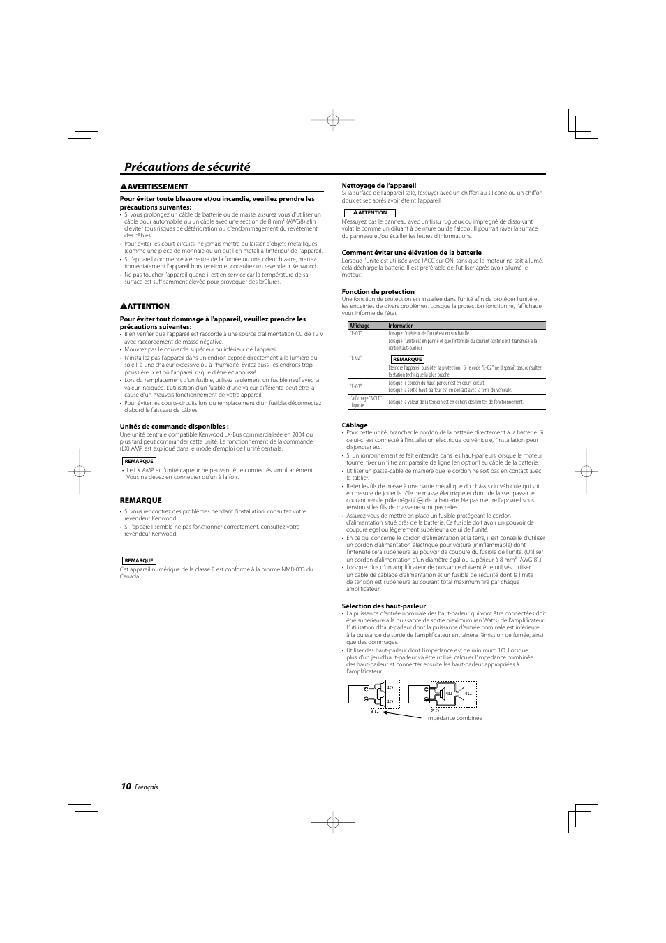 Précautions de sécurité | Kenwood KAC-X812D User Manual | Page 10 / 28