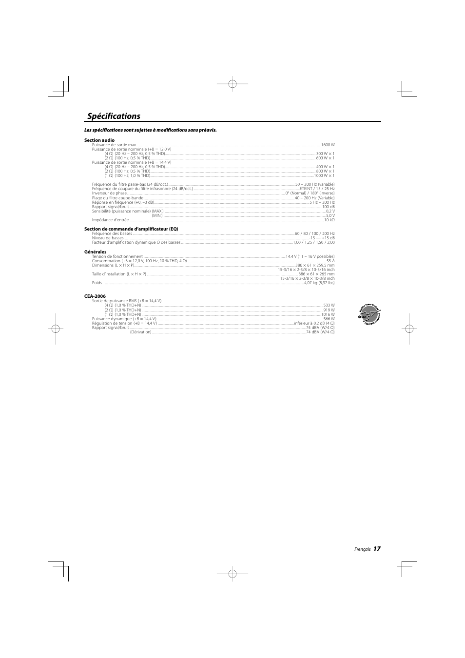 Spécifications | Kenwood KAC-X812D User Manual | Page 17 / 28