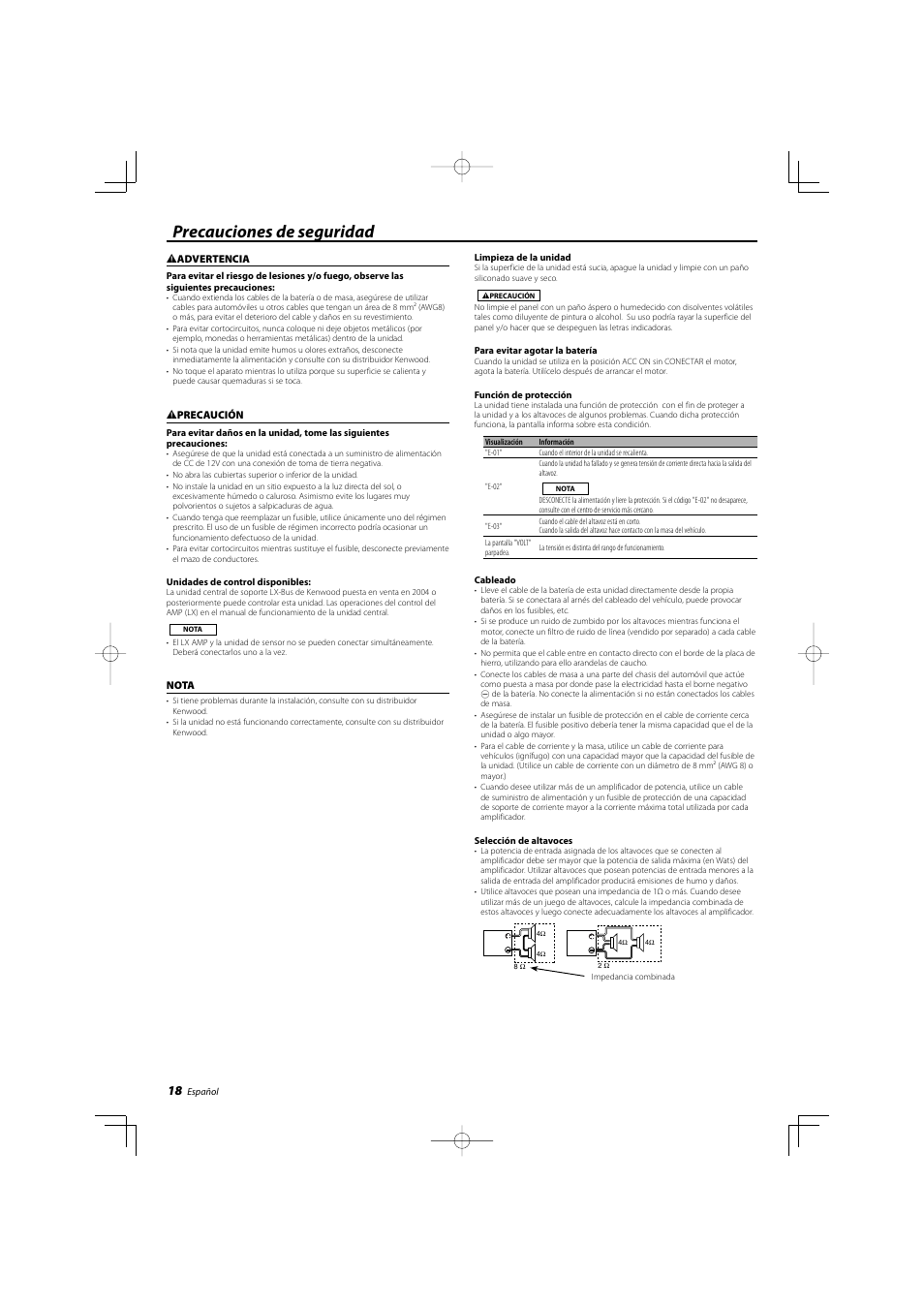 Precauciones de seguridad | Kenwood KAC-X812D User Manual | Page 18 / 28