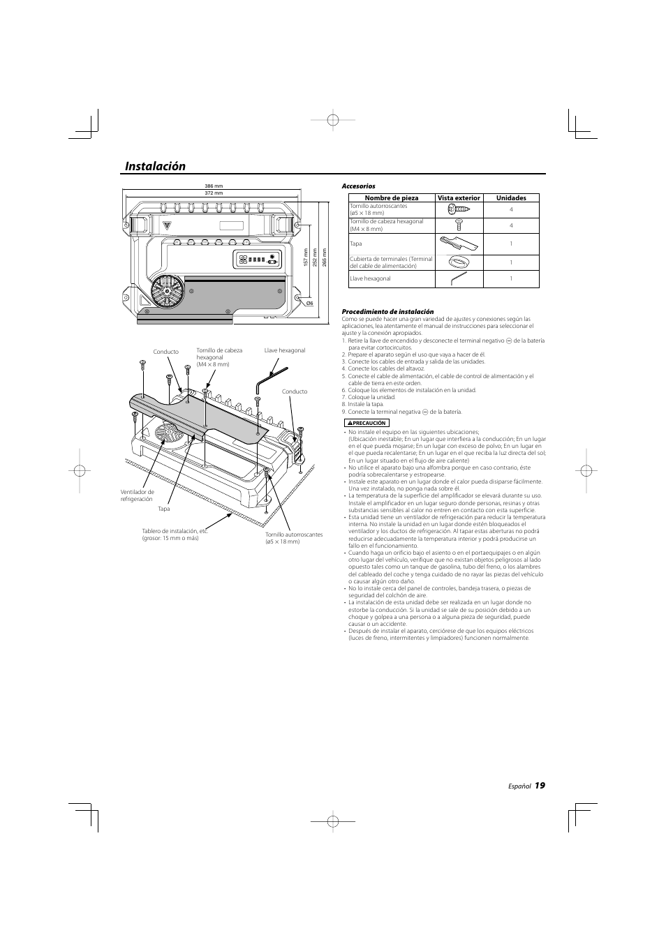 Instalación | Kenwood KAC-X812D User Manual | Page 19 / 28