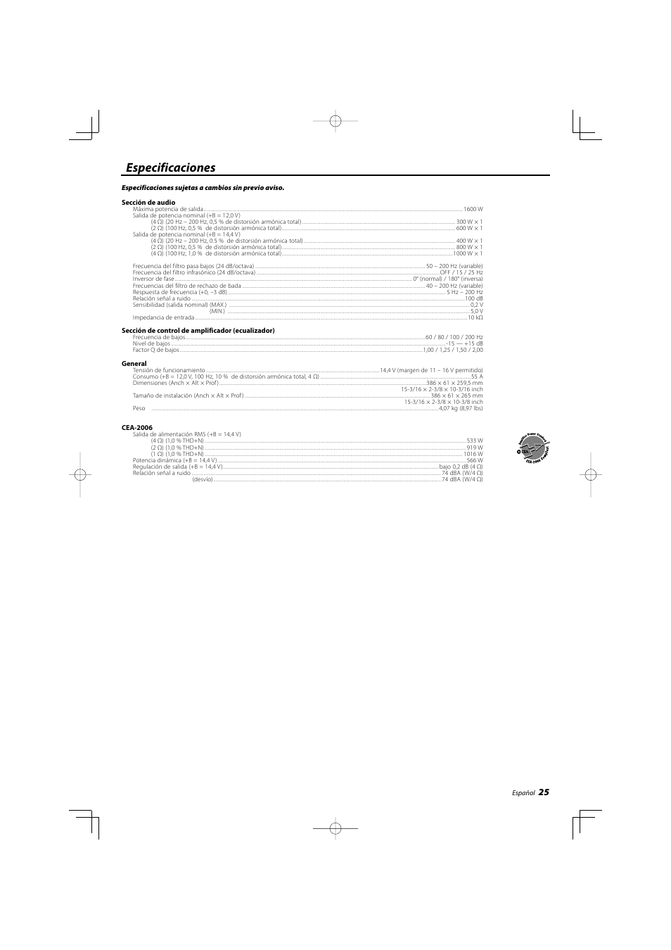 Especificaciones | Kenwood KAC-X812D User Manual | Page 25 / 28