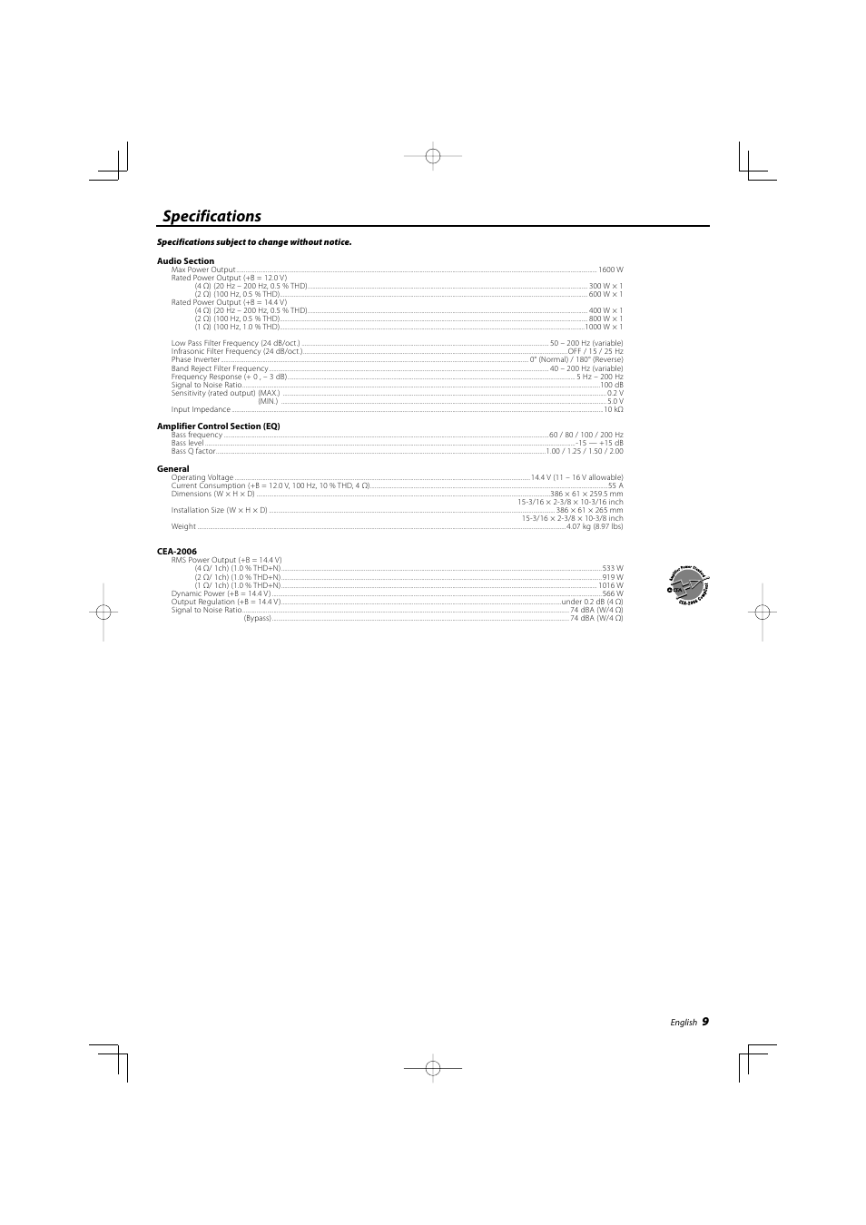 Specifications | Kenwood KAC-X812D User Manual | Page 9 / 28