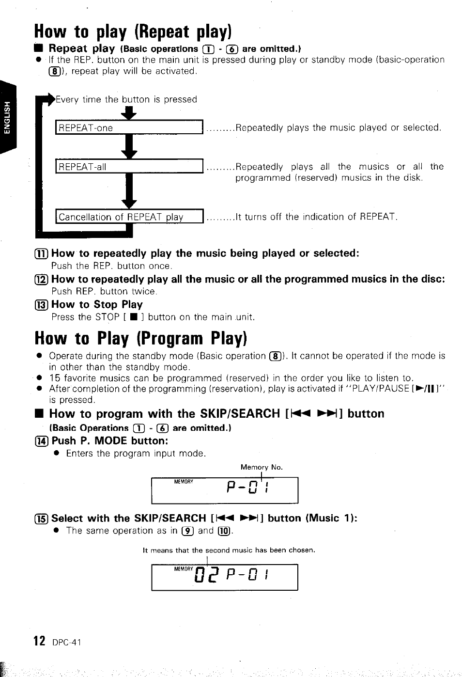 How to play (repeat play), How to play (program play) | Kenwood DPC-41 User Manual | Page 12 / 15