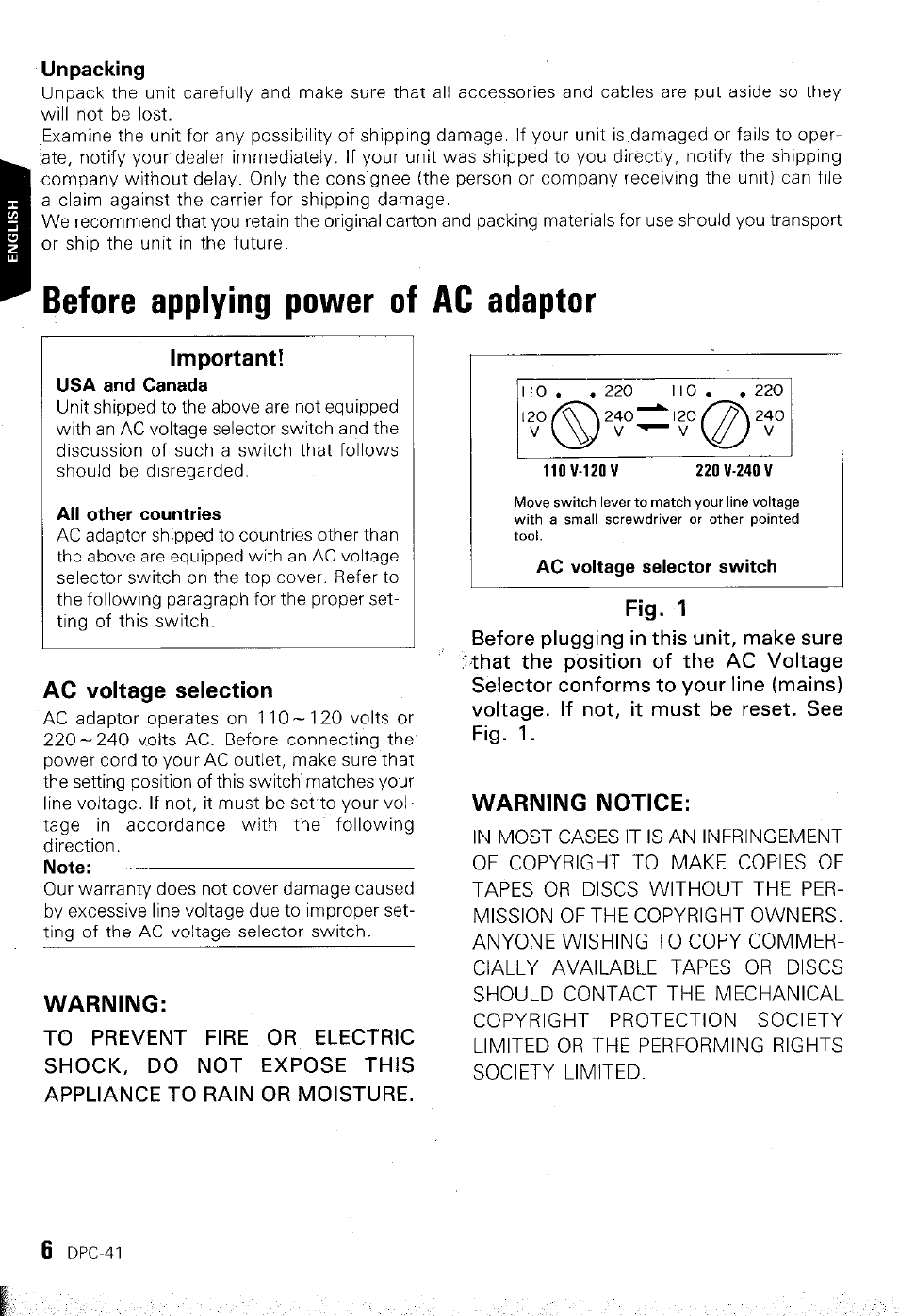 Before applying power of ac adaptor, Unpacking, Iiav-12qv | Kenwood DPC-41 User Manual | Page 6 / 15