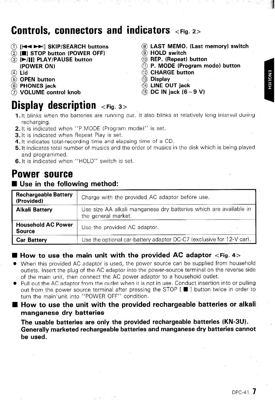 Controls, connectors and indicators, Power source, Display description | Kenwood DPC-41 User Manual | Page 7 / 15