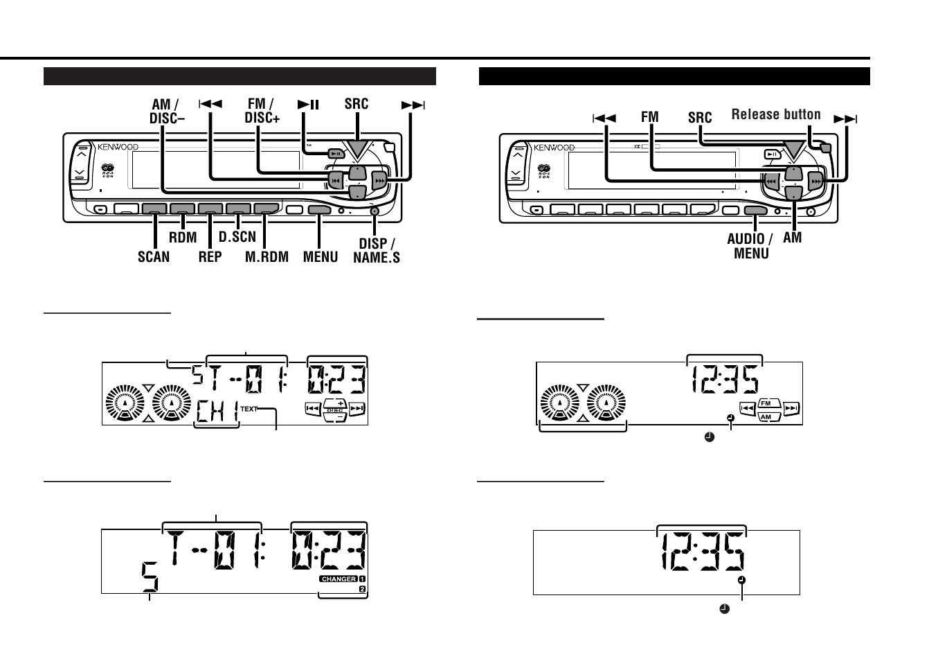 Disc control features, Other features, Audio / menu | Src 4, Am fm, Disc control features other features, Release button, Clock display graphic display £ indicator, Clock display, Indicator | Kenwood KRC-559R User Manual | Page 7 / 46