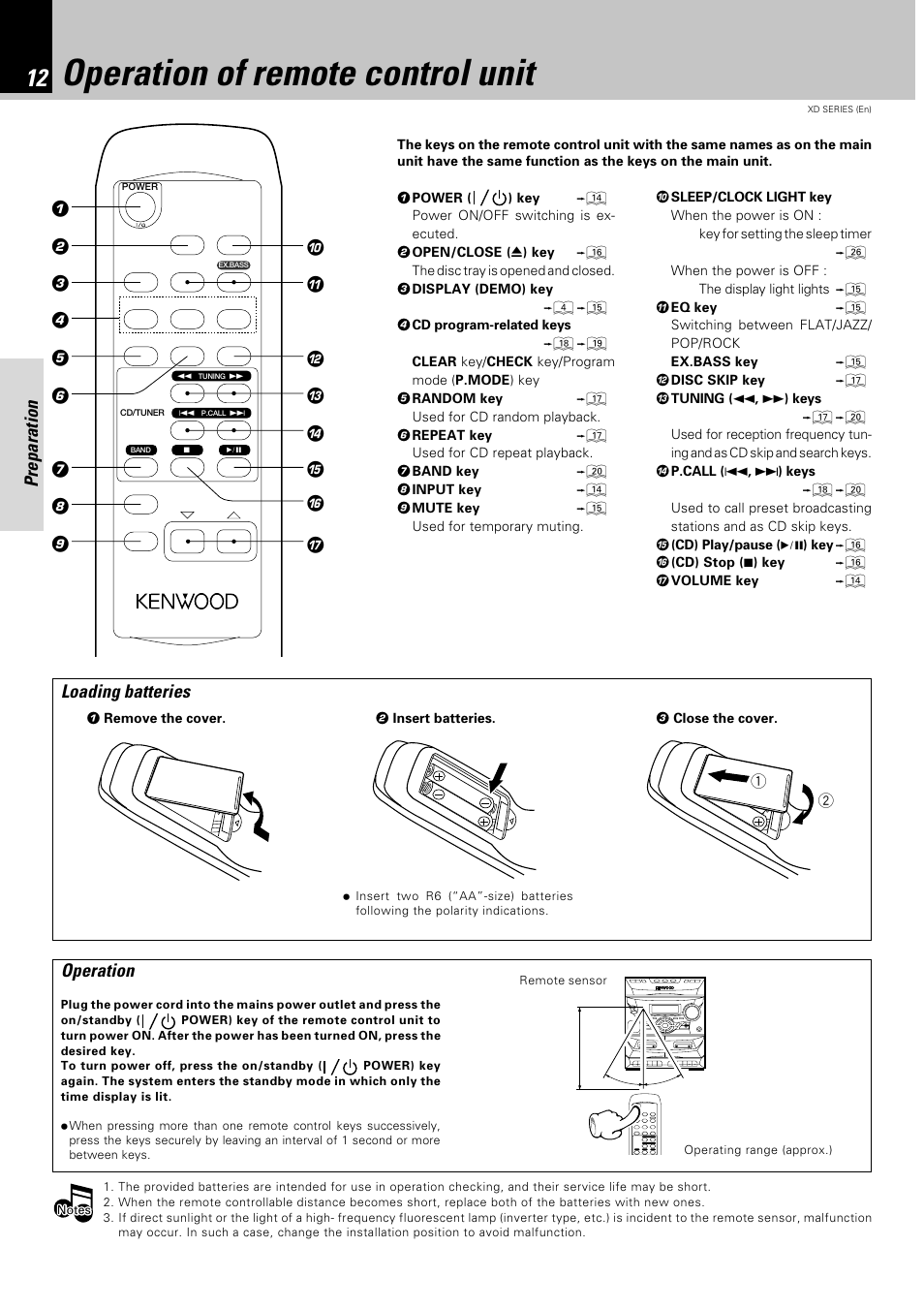 Operation of remote control unit, Preparation, Loading batteries | Operation | Kenwood XD-351 User Manual | Page 12 / 32