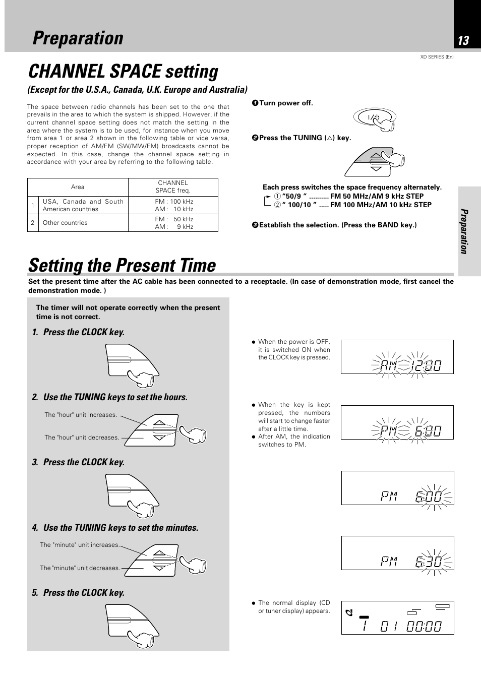 Preparation, Channel space setting, Setting the present time | Kenwood XD-351 User Manual | Page 13 / 32