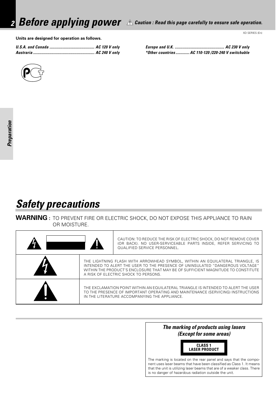 Before applying power, Safety precautions, Warning | Kenwood XD-351 User Manual | Page 2 / 32