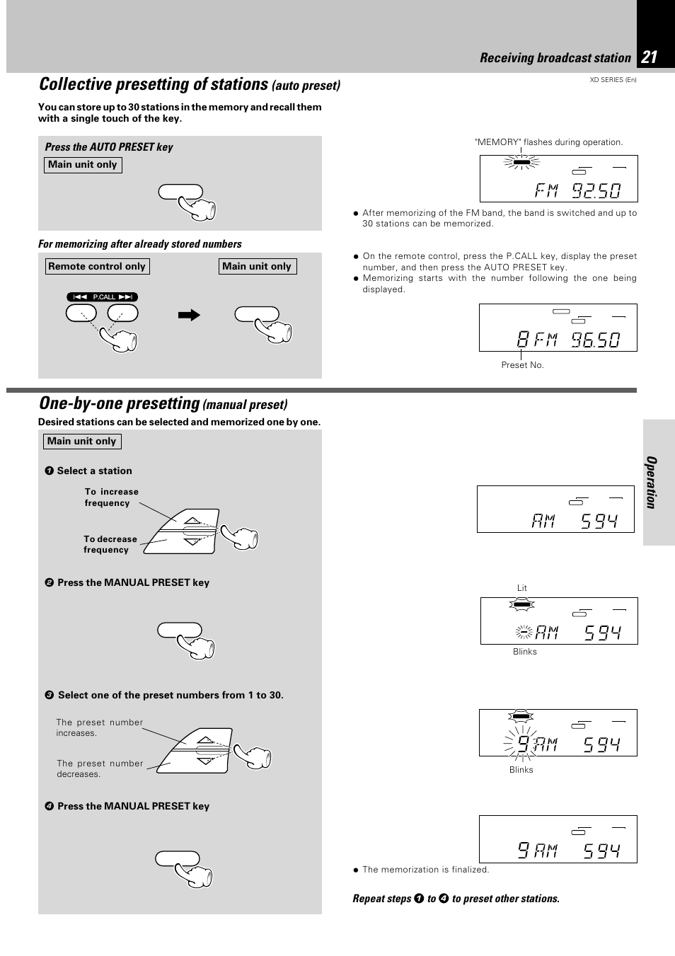 Collective presetting of stations (auto preset), One-by-one presetting (manual preset), Collective presetting of stations | One-by-one presetting, Operation, Auto preset), Manual preset), Receiving broadcast station, Press the auto preset key, Repeat steps | Kenwood XD-351 User Manual | Page 21 / 32