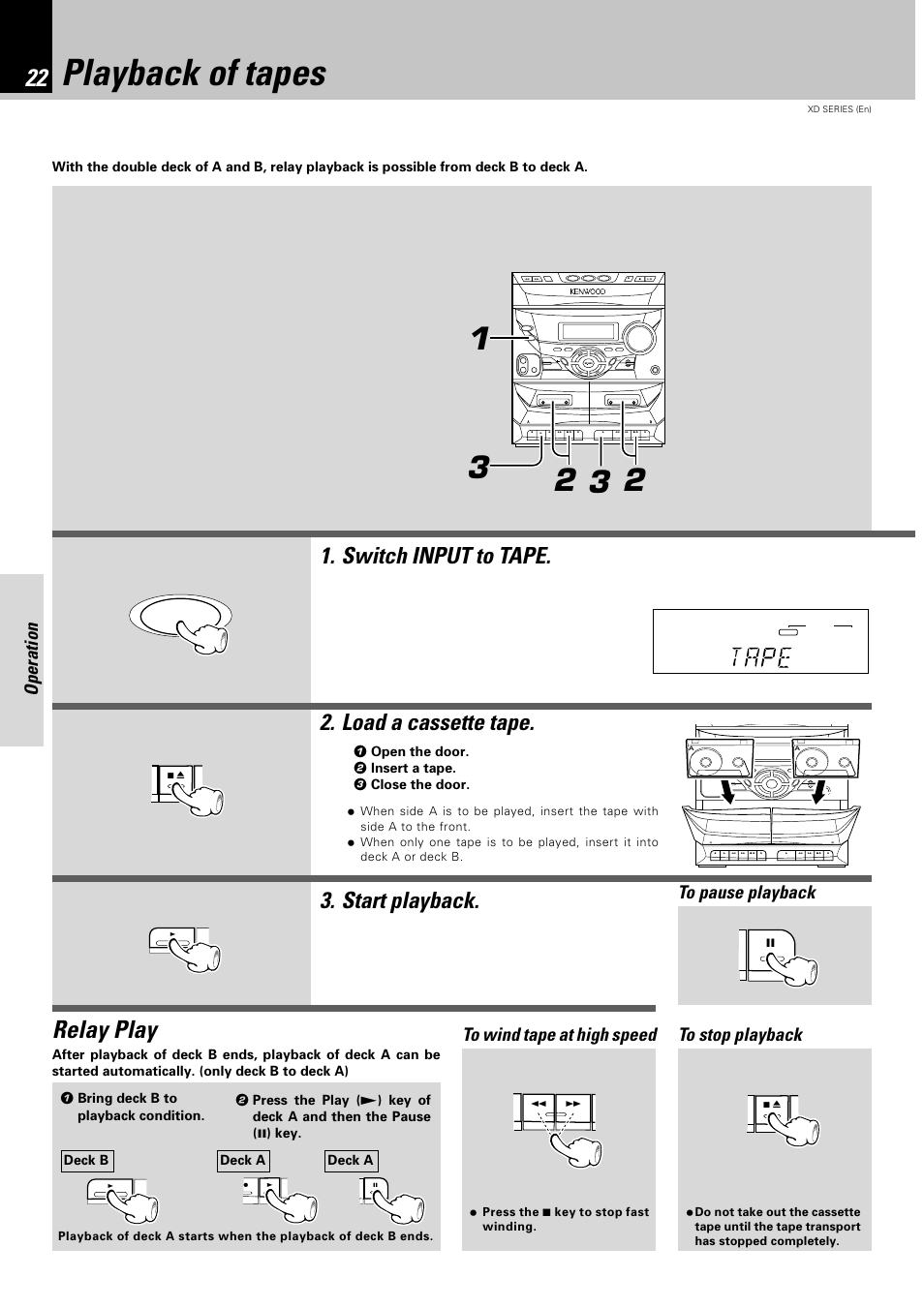 Playback of tapes, Relay play, Switch input to tape | Load a cassette tape, Start playback, Operation, 1 open the door. 2 insert a tape. 3 close the door, Deck b deck a deck a, Rock flat ex.bass pop jazz, Input | Kenwood XD-351 User Manual | Page 22 / 32