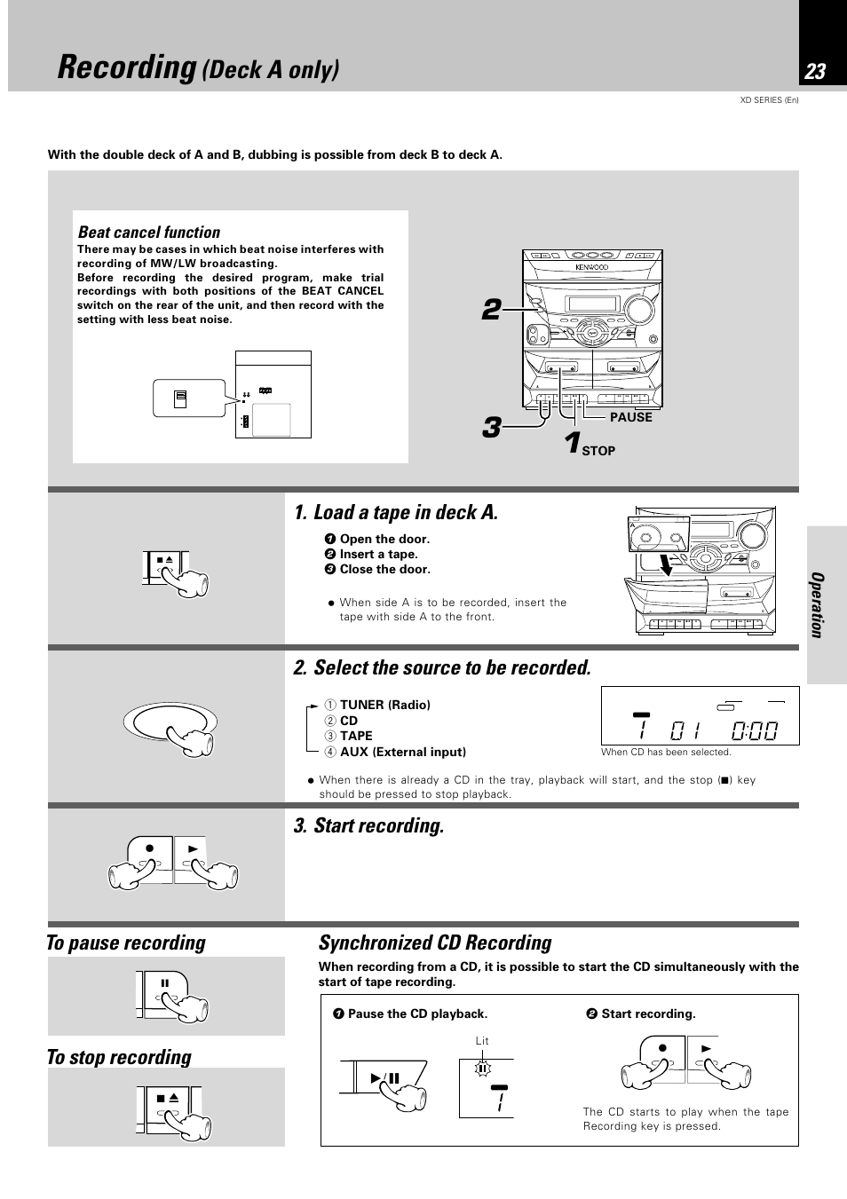 Recording (deck a only), Recording, Deck a only) | Load a tape in deck a, Select the source to be recorded, Start recording, Synchronized cd recording, Operation, Beat cancel function, 1 tuner (radio) 2 cd 3 tape 4 aux (external input) | Kenwood XD-351 User Manual | Page 23 / 32