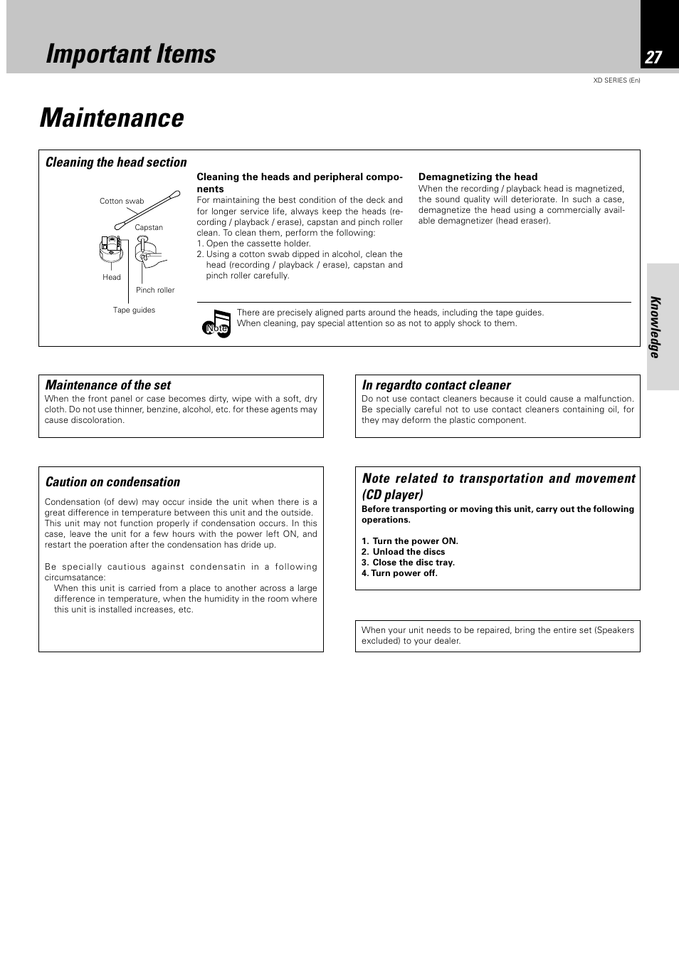 Important items, Maintenance, Important items maintenance | Knowledge, Maintenance of the set, Caution on condensation | Kenwood XD-351 User Manual | Page 27 / 32