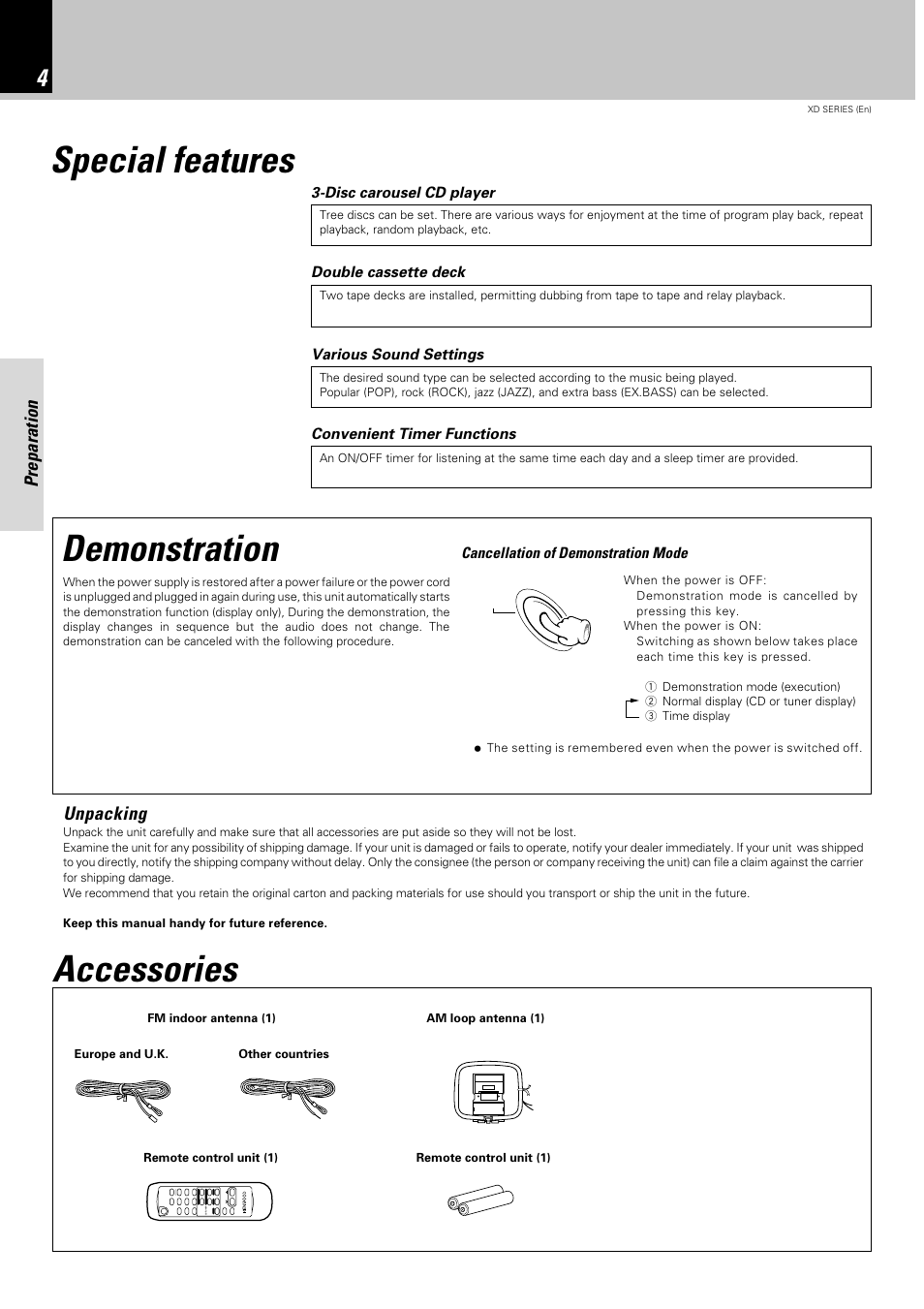 Special features, Accessories, Special features demonstration accessories | Preparation, Unpacking | Kenwood XD-351 User Manual | Page 4 / 32