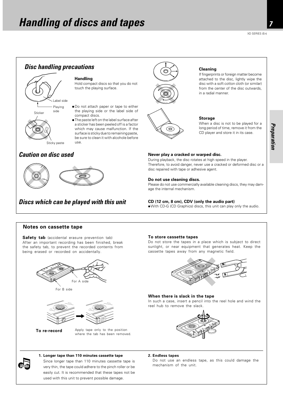 Handling of discs and tapes, Disc handling precautions, Caution on disc used | Discs which can be played with this unit, Preparation | Kenwood XD-351 User Manual | Page 7 / 32