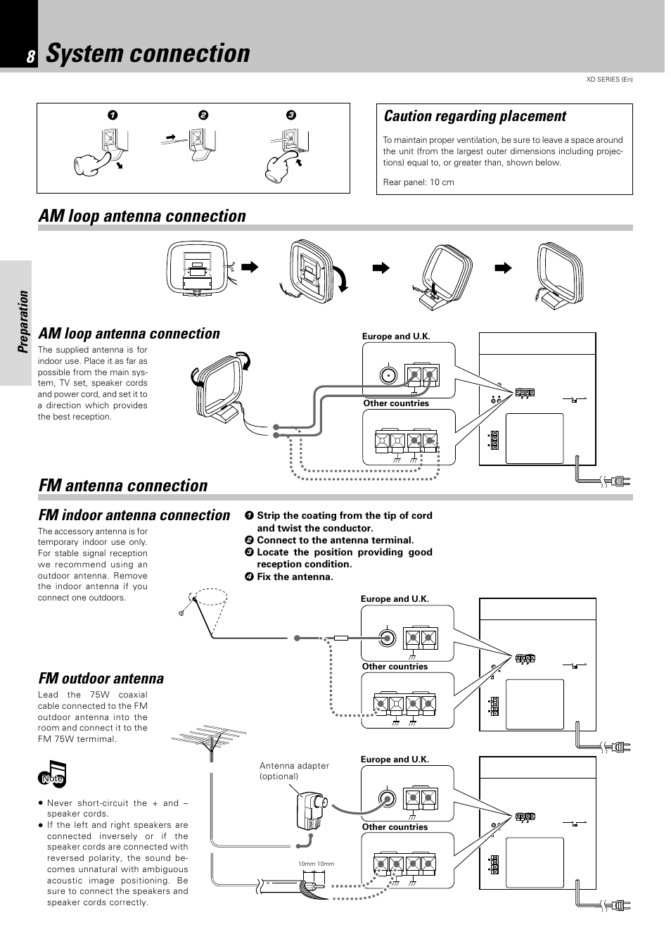 System connection, Am loop antenna connection, Fm antenna connection | Am loop antenna connection fm antenna connection, Caution regarding placement, Fm indoor antenna connection, Fm outdoor antenna, Preparation | Kenwood XD-351 User Manual | Page 8 / 32