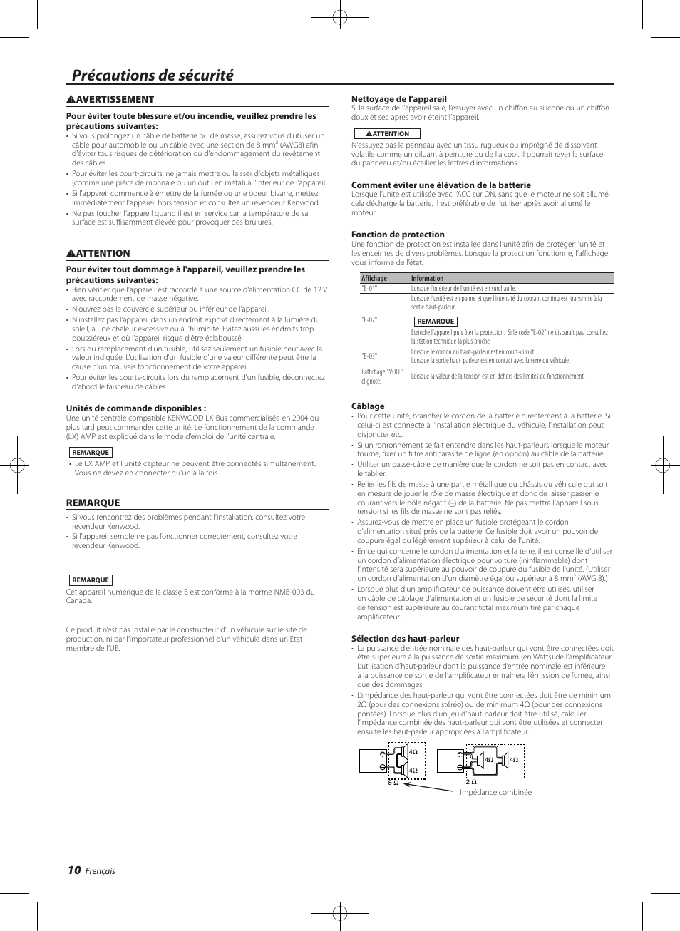 Frencais, Precautions de securite, Précautions de sécurité | Kenwood eXcelon KAC-X541 User Manual | Page 10 / 28