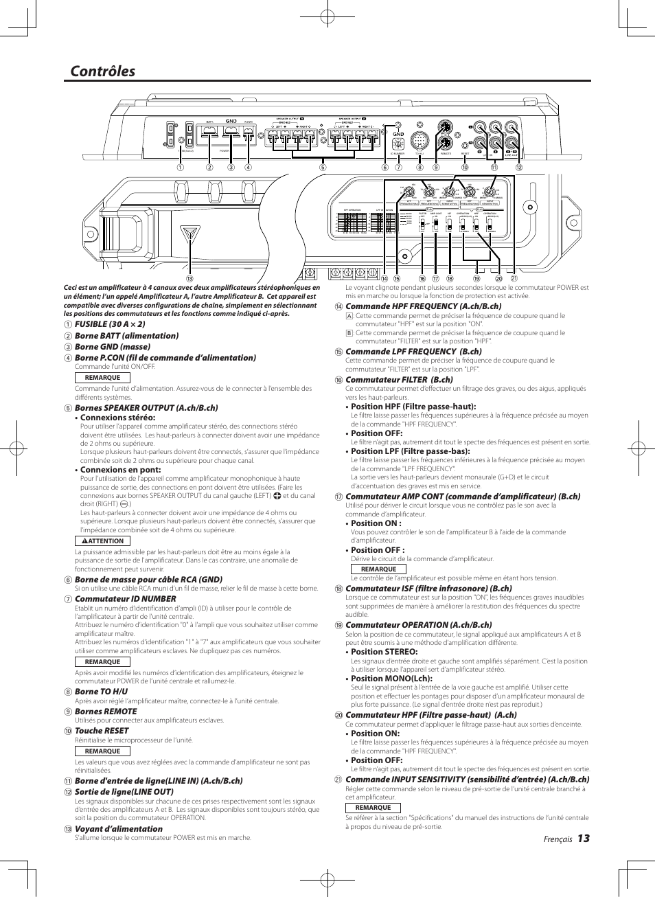Controles, Contrôles, Frençais | Connexions en pont, 6borne de masse pour câble rca (gnd), 7commutateur id number, 8borne to h/u, 9bornes remote, 0touche reset, Voyant d’alimentation | Kenwood eXcelon KAC-X541 User Manual | Page 13 / 28