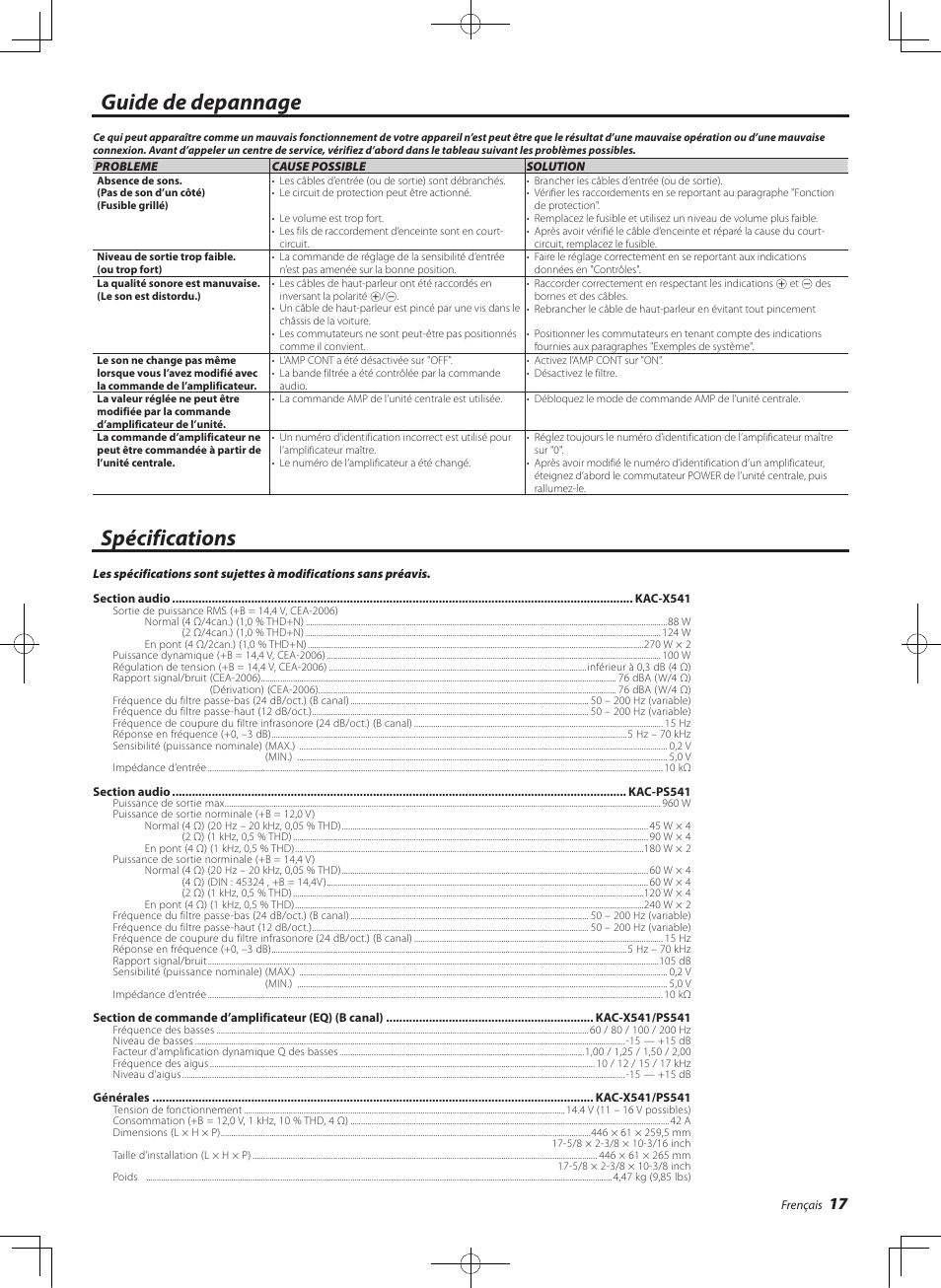 Guide de depannage, Specifications, Spécifications | Kenwood eXcelon KAC-X541 User Manual | Page 17 / 28