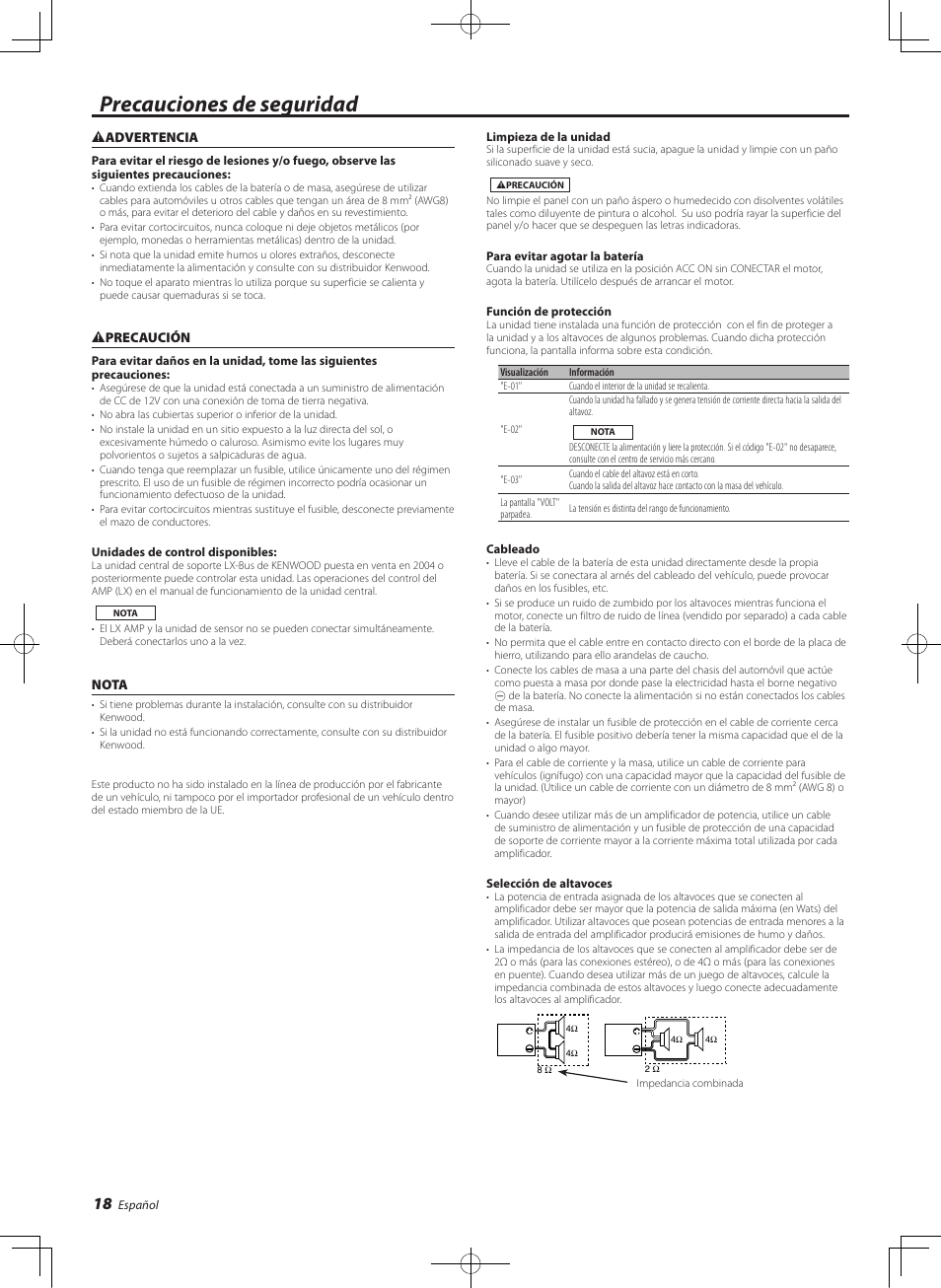 Espanol, Precauciones de seguridad | Kenwood eXcelon KAC-X541 User Manual | Page 18 / 28