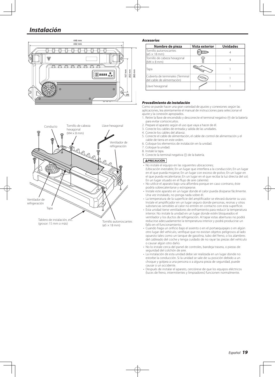 Instalacion, Instalación | Kenwood eXcelon KAC-X541 User Manual | Page 19 / 28