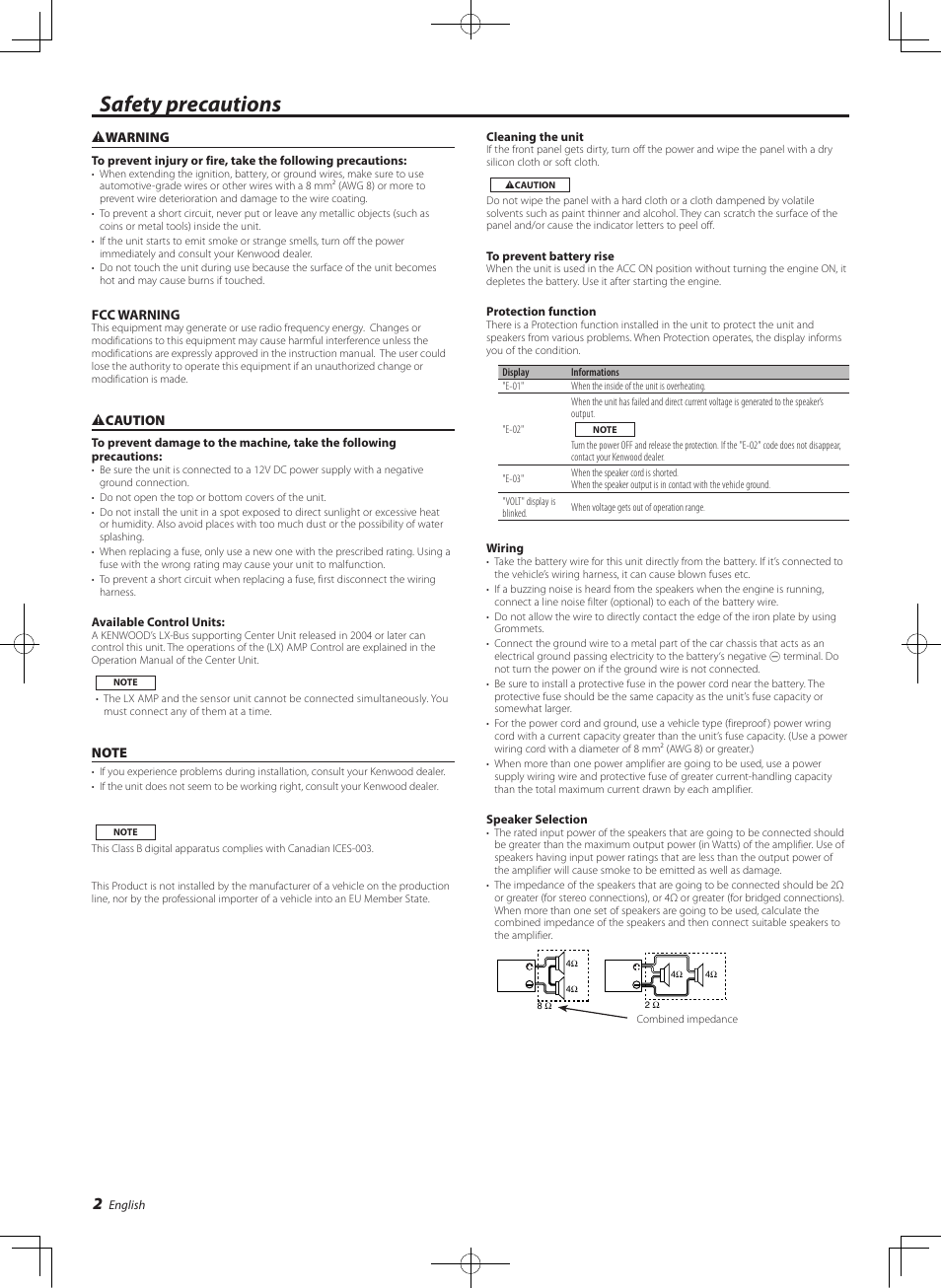 English, Safety precautions | Kenwood eXcelon KAC-X541 User Manual | Page 2 / 28