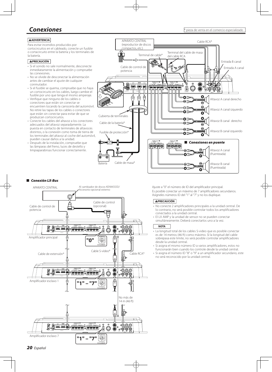 Conexiones, Español, Conexiones en puente | Conexión lx-bus | Kenwood eXcelon KAC-X541 User Manual | Page 20 / 28