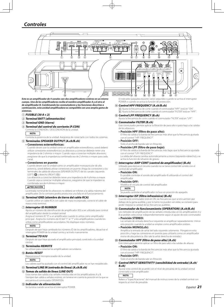 Controles, Español, Conexiones en puente | 6terminal gnd (alambre de tierra del cable rca), 7interruptor id number, 8terminal to h/u, 9terminales remote, 0botón reset, Indicador de alimentación, Control hpf frequency (a.ch/b.ch) | Kenwood eXcelon KAC-X541 User Manual | Page 21 / 28