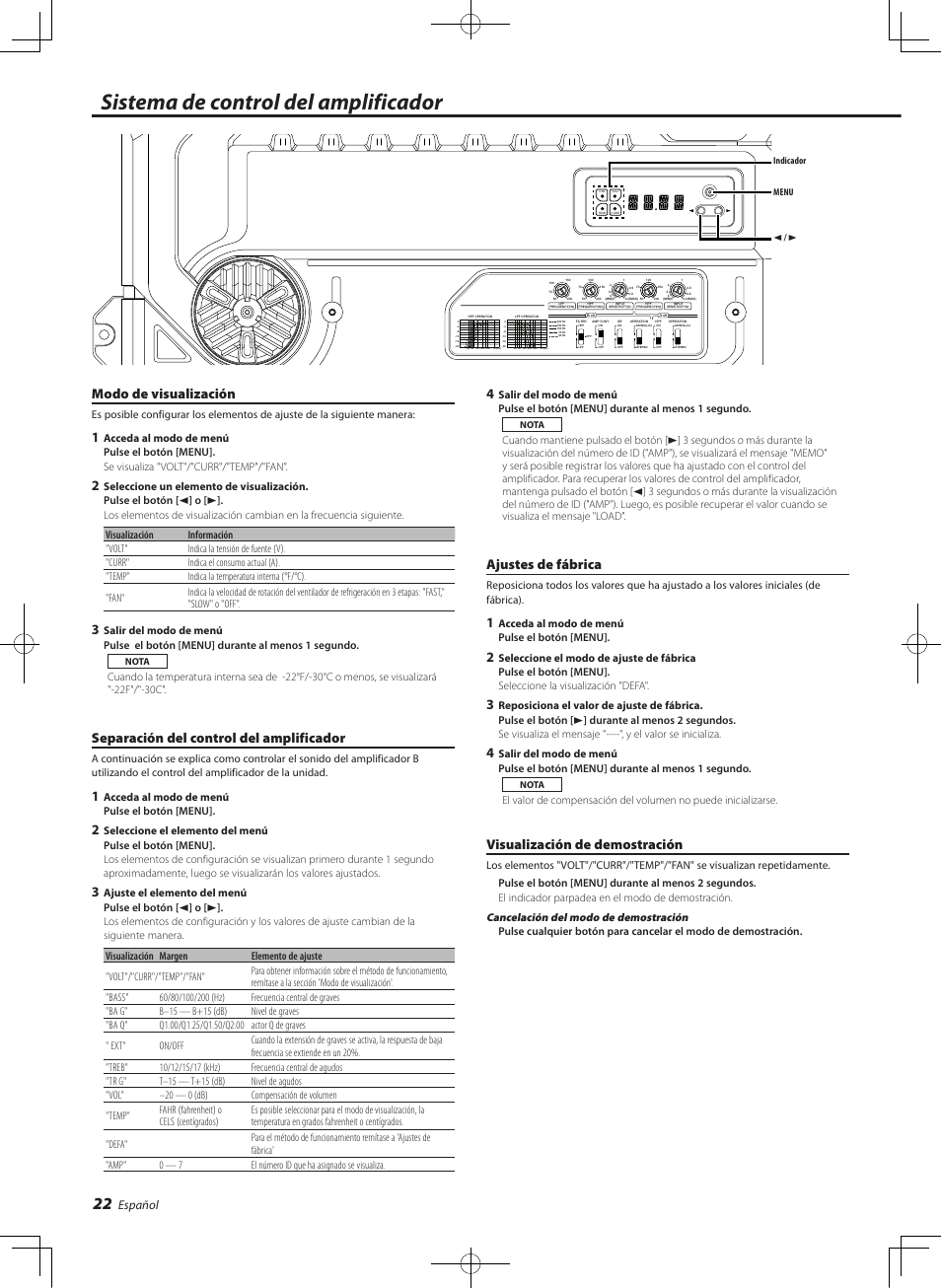 Sistema de control del amplificador, Modo de visualización, Separación del control del amplificador | Ajustes de fábrica, Visualización de demostración, Español | Kenwood eXcelon KAC-X541 User Manual | Page 22 / 28