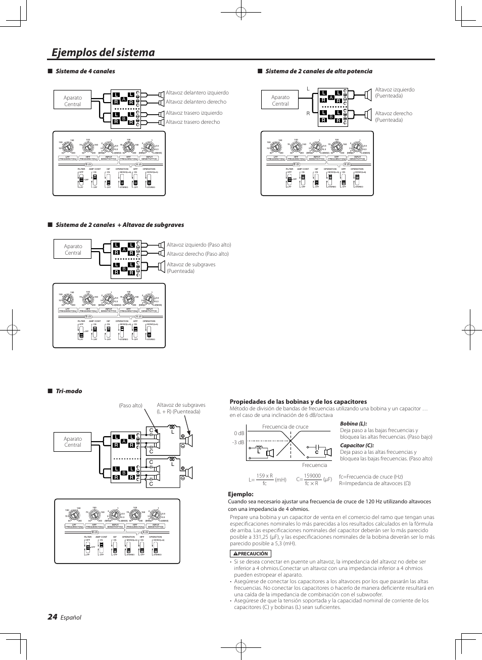 Ejemplos del sistema, Español, Tri-modo | Propiedades de las bobinas y de los capacitores, Ejemplo | Kenwood eXcelon KAC-X541 User Manual | Page 24 / 28