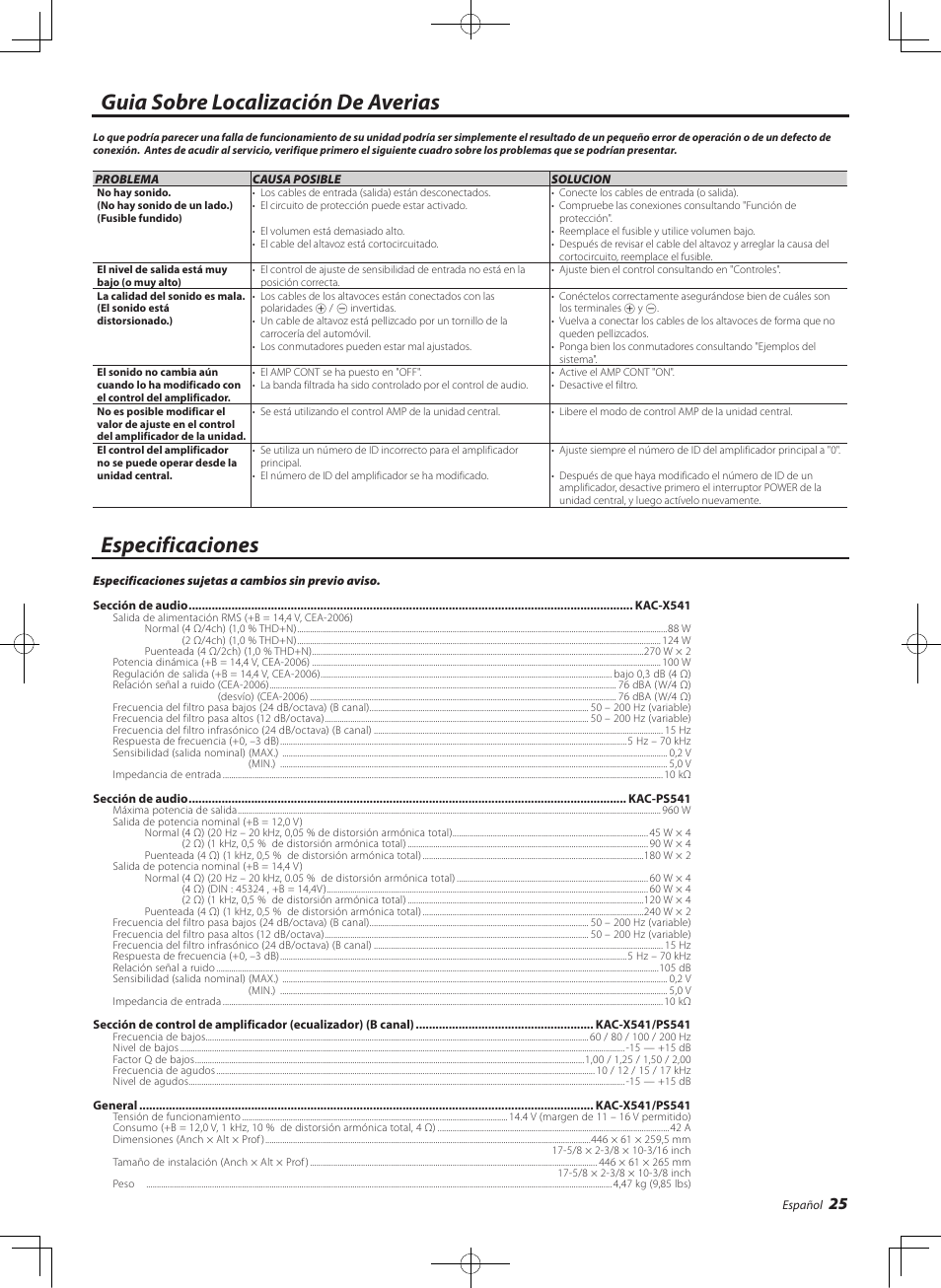Guia sobre localizacion de averias, Especificaciones, Guia sobre localización de averias | Kenwood eXcelon KAC-X541 User Manual | Page 25 / 28
