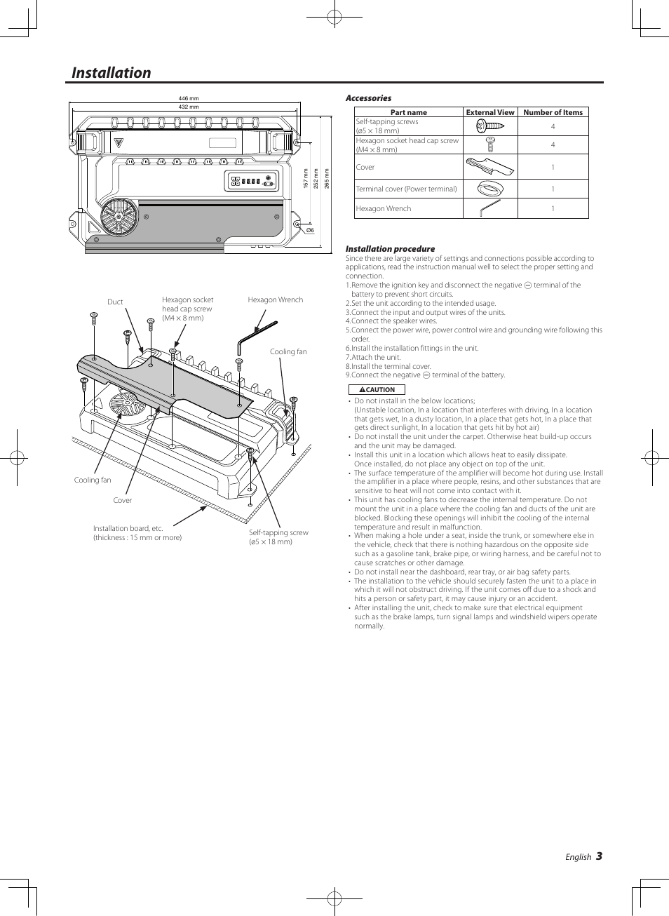 Installation | Kenwood eXcelon KAC-X541 User Manual | Page 3 / 28