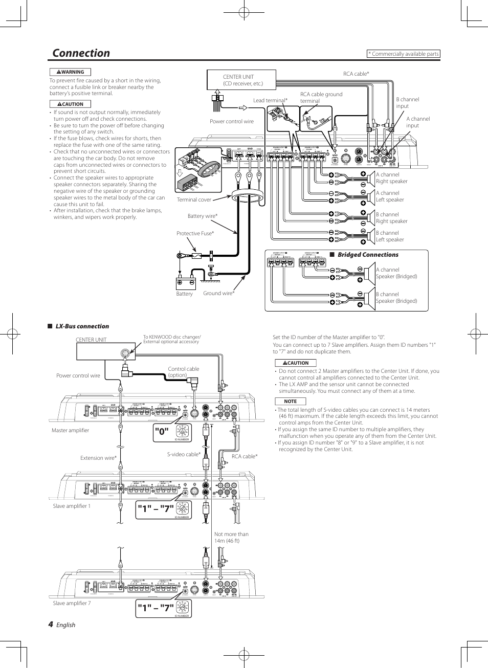 Connection, English, Bridged connections | Lx-bus connection | Kenwood eXcelon KAC-X541 User Manual | Page 4 / 28