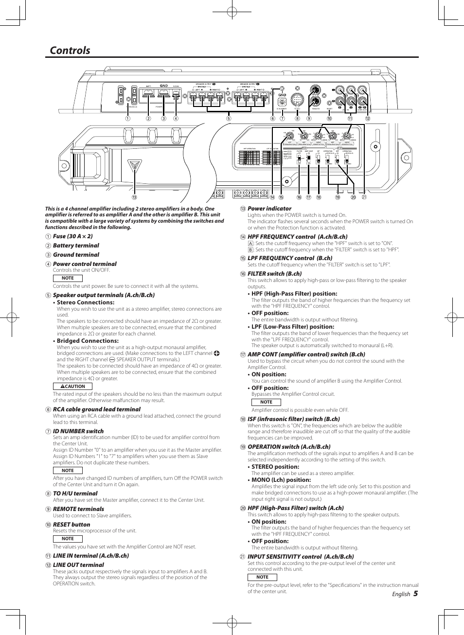Controls, English, Bridged connections | 6rca cable ground lead terminal, 7id number switch, 8to h/u terminal, 9remote terminals, 0reset button, Line in terminal (a.ch/b.ch) @ line out terminal, Power indicator | Kenwood eXcelon KAC-X541 User Manual | Page 5 / 28