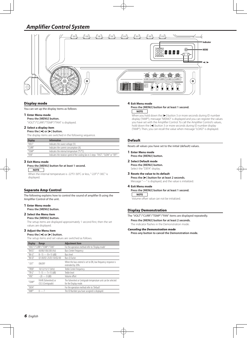 Amplifier control system, Display mode, Separate amp control | Default, Display demonstration, English | Kenwood eXcelon KAC-X541 User Manual | Page 6 / 28