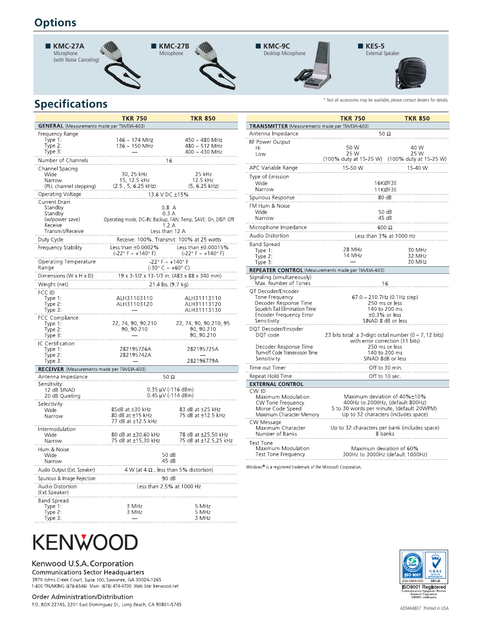 Specifications options | Kenwood TKR-750 User Manual | Page 2 / 2