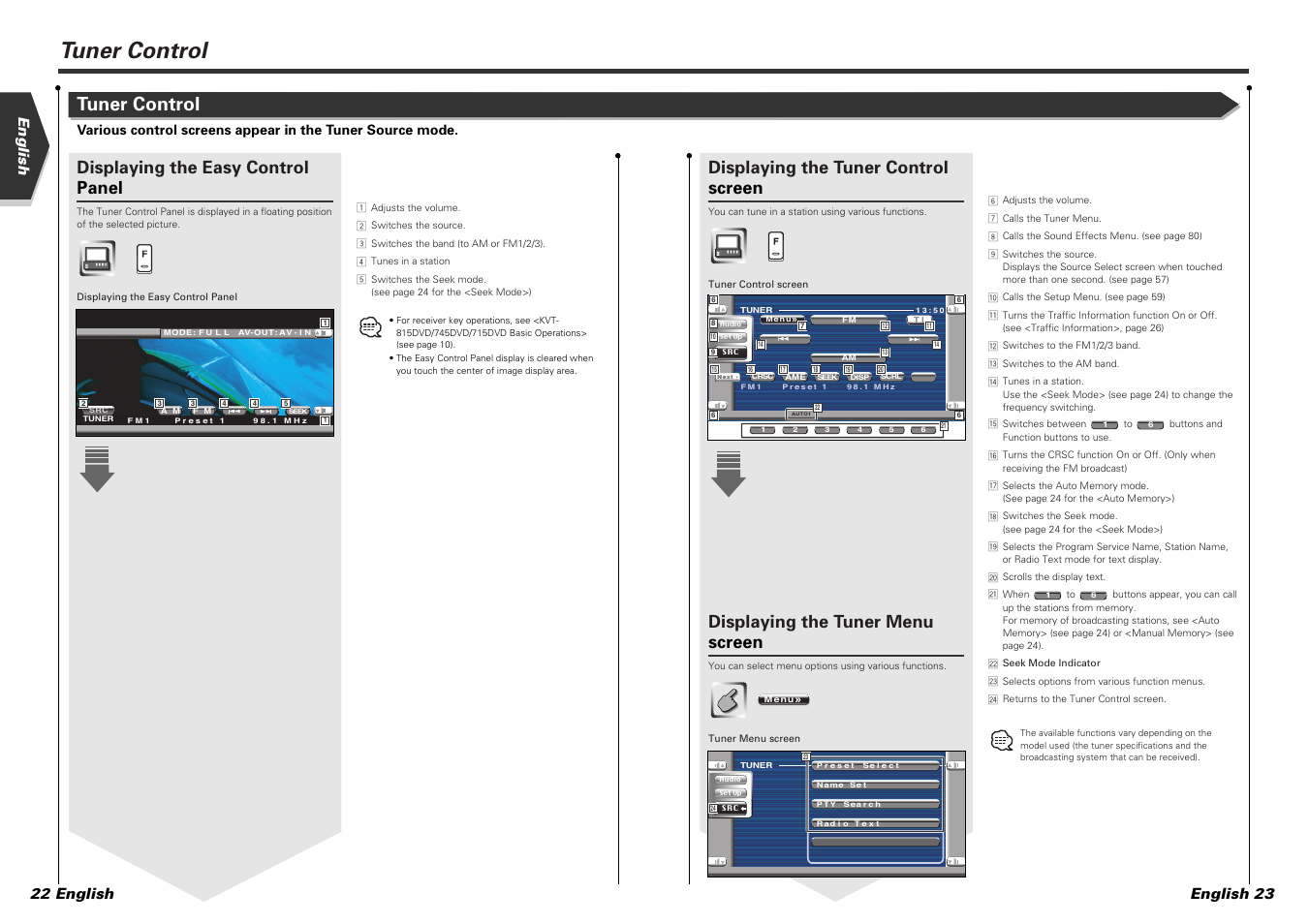 Tuner control, Displaying the easy control panel, Displaying the tuner control screen | Displaying the tuner menu screen, English english 23 22 english | Kenwood KVT-815DVD User Manual | Page 12 / 46