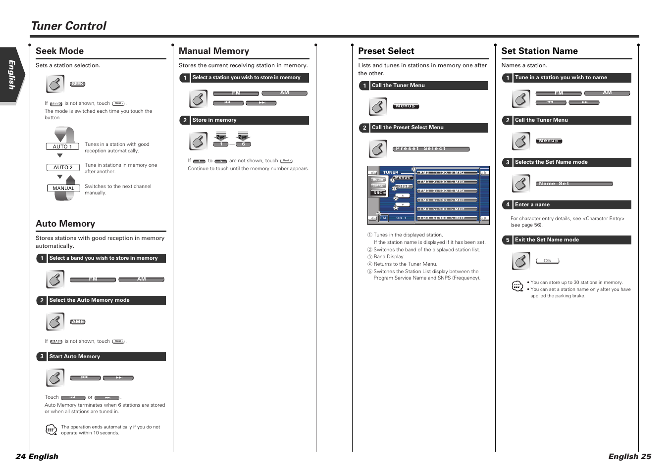 Tuner control, Seek mode, Preset select | Set station name, English 24 english, English 25 | Kenwood KVT-815DVD User Manual | Page 13 / 46