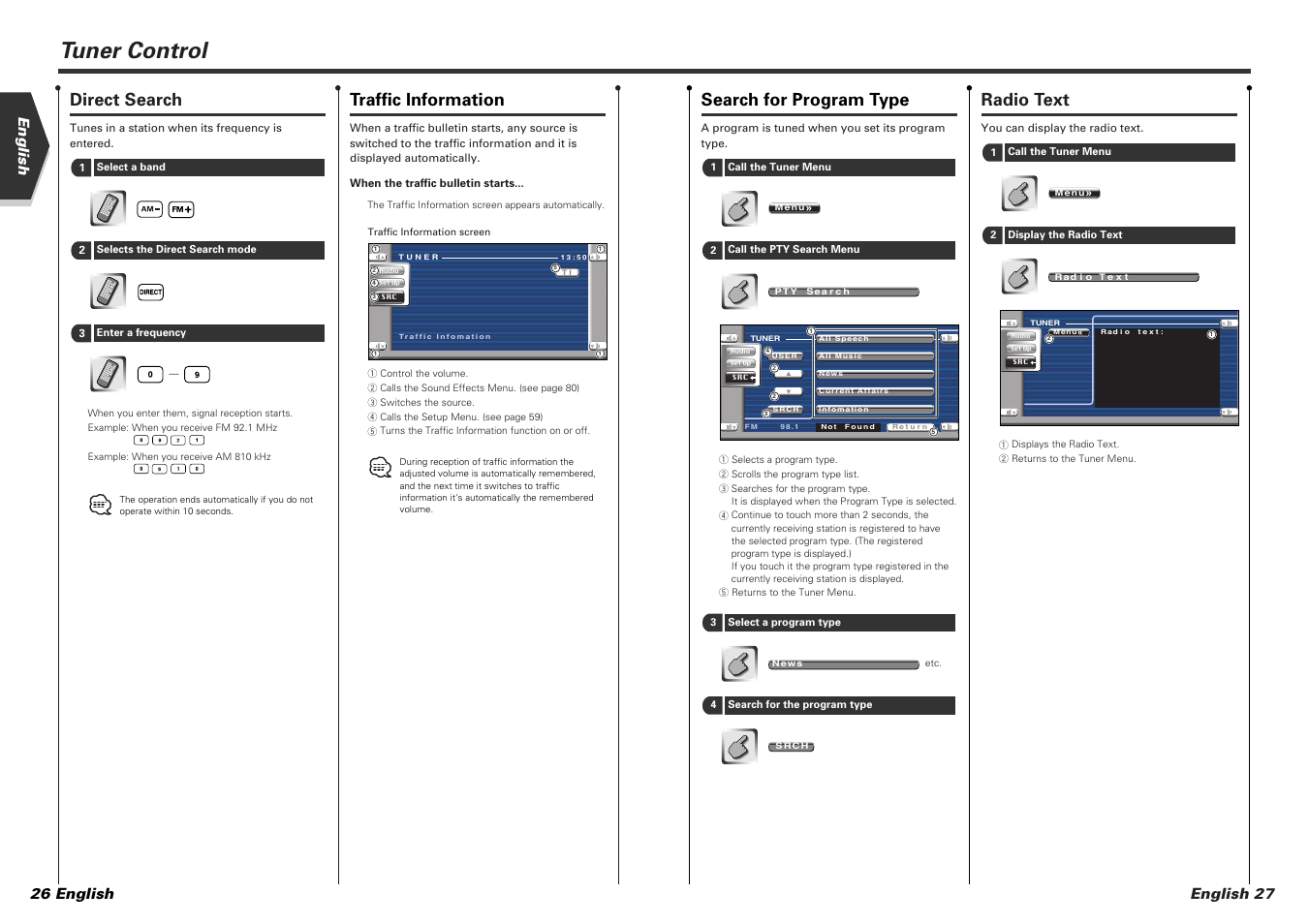 Tuner control, Radio text, Search for program type | Direct search, Traffic information, English 27, English 26 english | Kenwood KVT-815DVD User Manual | Page 14 / 46