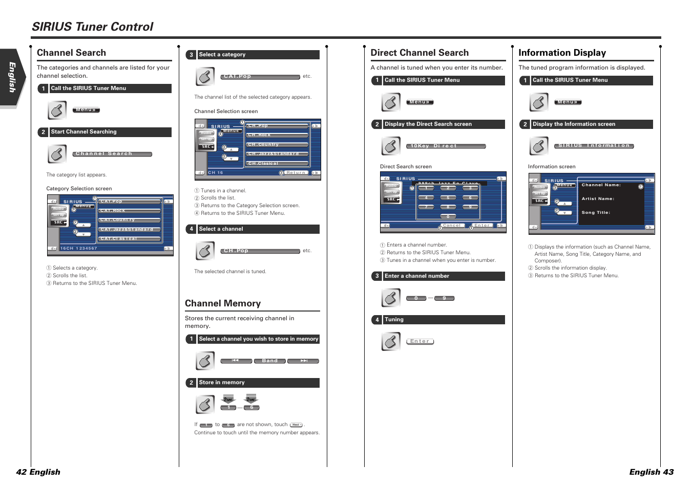 Sirius tuner control, Direct channel search, Information display | Channel search, English english 43 42 english | Kenwood KVT-815DVD User Manual | Page 22 / 46