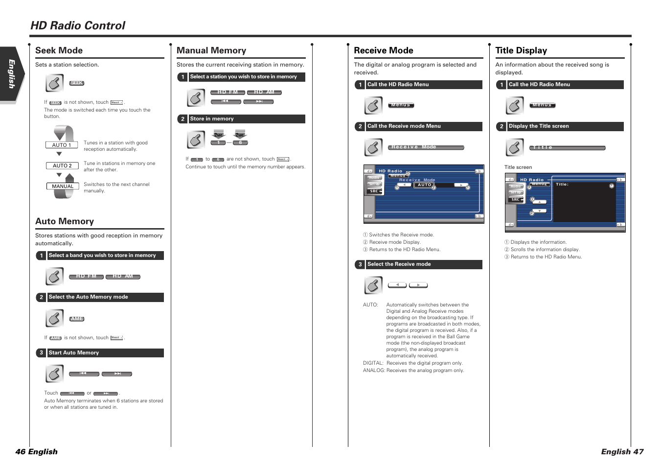 Hd radio control, Seek mode, Receive mode | Title display, English 47, English 46 english | Kenwood KVT-815DVD User Manual | Page 24 / 46