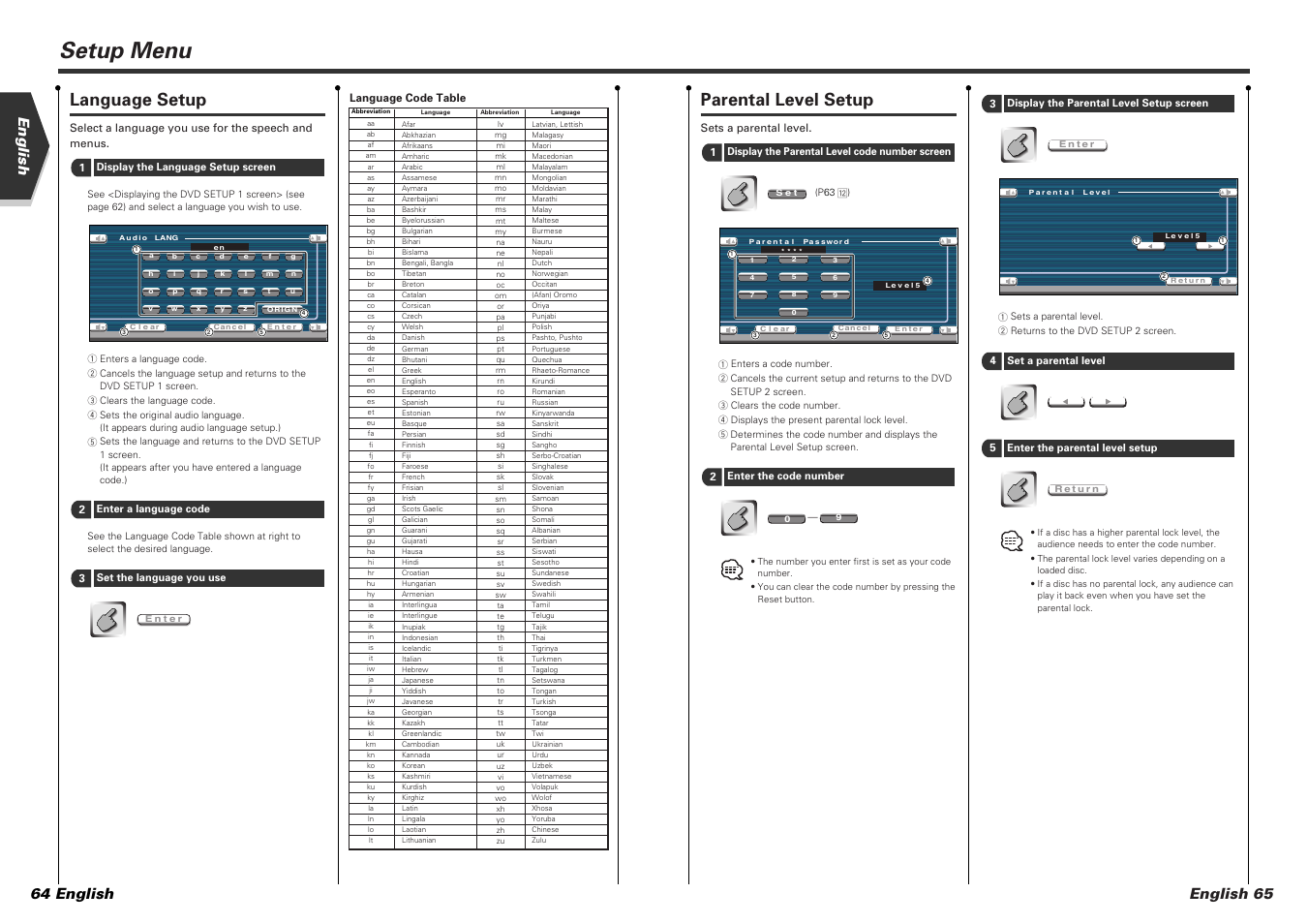 Setup menu, Parental level setup, Language setup | English 65 english 64 english | Kenwood KVT-815DVD User Manual | Page 33 / 46